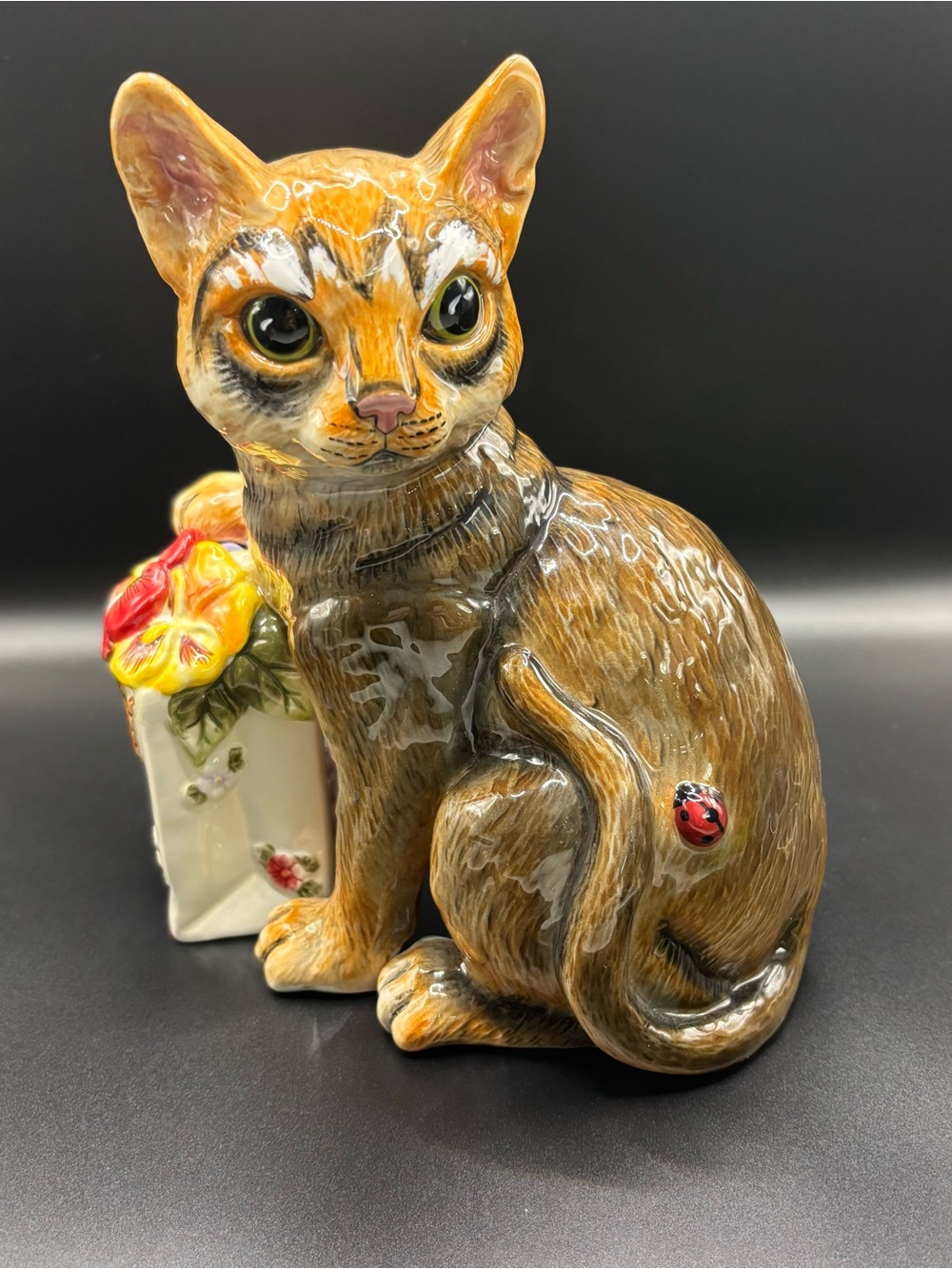 Vintage Glossy Ceramic Tabby Cat Figurine Ladybug on Tail Big Eyes Unmarked